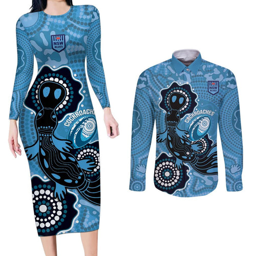 Custom NSW Blues Rugby Couples Matching Long Sleeve Bodycon Dress and Long Sleeve Button Shirt 2024 Platypus Mix Aboriginal Art