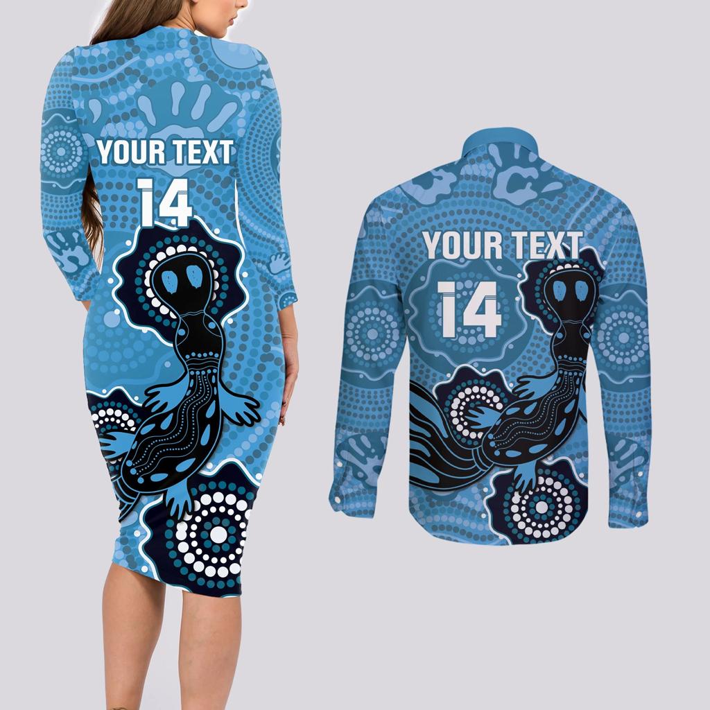 Custom NSW Blues Rugby Couples Matching Long Sleeve Bodycon Dress and Long Sleeve Button Shirt 2024 Platypus Mix Aboriginal Art