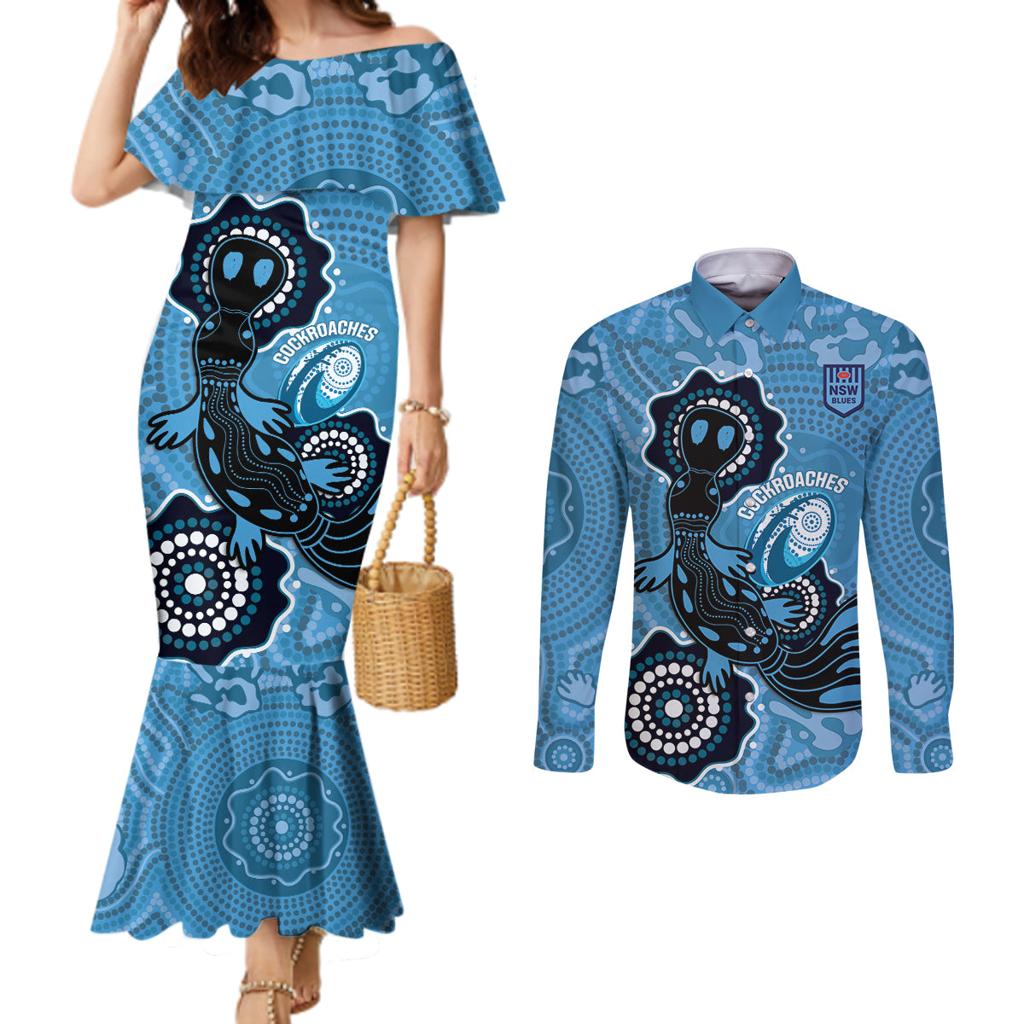 Custom NSW Blues Rugby Couples Matching Mermaid Dress and Long Sleeve Button Shirt 2024 Platypus Mix Aboriginal Art