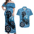 Custom NSW Blues Rugby Couples Matching Off Shoulder Maxi Dress and Hawaiian Shirt 2024 Platypus Mix Aboriginal Art