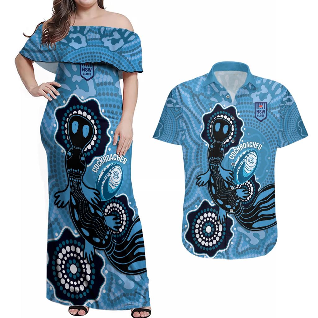 Custom NSW Blues Rugby Couples Matching Off Shoulder Maxi Dress and Hawaiian Shirt 2024 Platypus Mix Aboriginal Art