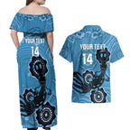Custom NSW Blues Rugby Couples Matching Off Shoulder Maxi Dress and Hawaiian Shirt 2024 Platypus Mix Aboriginal Art