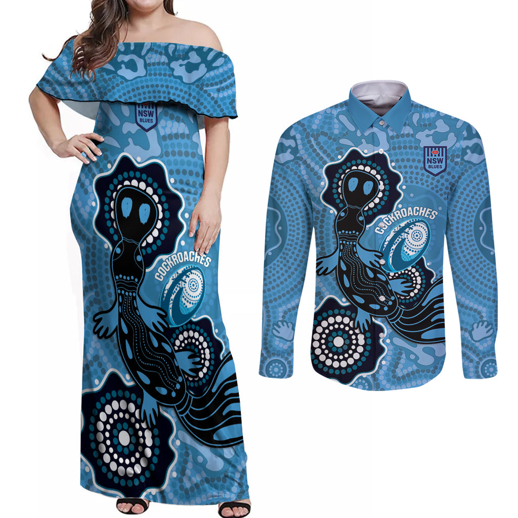 Custom NSW Blues Rugby Couples Matching Off Shoulder Maxi Dress and Long Sleeve Button Shirt 2024 Platypus Mix Aboriginal Art