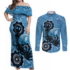 Custom NSW Blues Rugby Couples Matching Off Shoulder Maxi Dress and Long Sleeve Button Shirt 2024 Platypus Mix Aboriginal Art