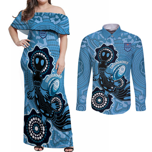 Custom NSW Blues Rugby Couples Matching Off Shoulder Maxi Dress and Long Sleeve Button Shirt 2024 Platypus Mix Aboriginal Art
