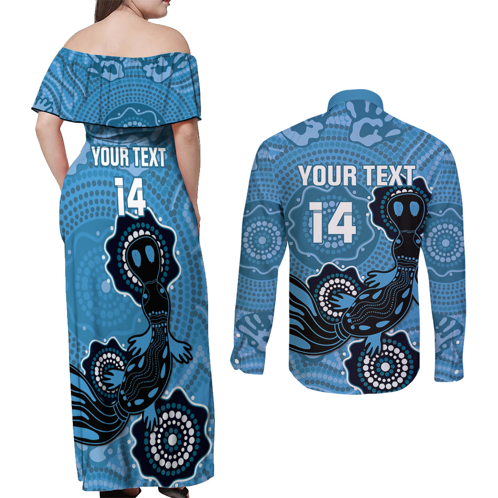 Custom NSW Blues Rugby Couples Matching Off Shoulder Maxi Dress and Long Sleeve Button Shirt 2024 Platypus Mix Aboriginal Art