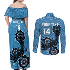 Custom NSW Blues Rugby Couples Matching Off Shoulder Maxi Dress and Long Sleeve Button Shirt 2024 Platypus Mix Aboriginal Art
