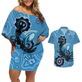 Custom NSW Blues Rugby Couples Matching Off Shoulder Short Dress and Hawaiian Shirt 2024 Platypus Mix Aboriginal Art