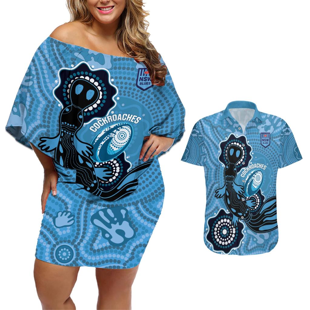 Custom NSW Blues Rugby Couples Matching Off Shoulder Short Dress and Hawaiian Shirt 2024 Platypus Mix Aboriginal Art