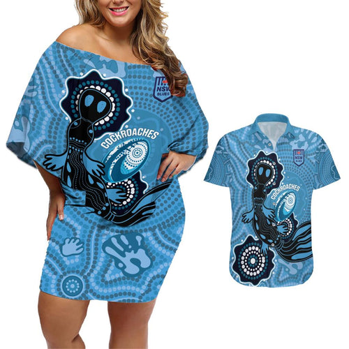 Custom NSW Blues Rugby Couples Matching Off Shoulder Short Dress and Hawaiian Shirt 2024 Platypus Mix Aboriginal Art