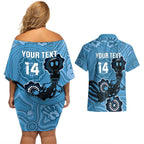 Custom NSW Blues Rugby Couples Matching Off Shoulder Short Dress and Hawaiian Shirt 2024 Platypus Mix Aboriginal Art