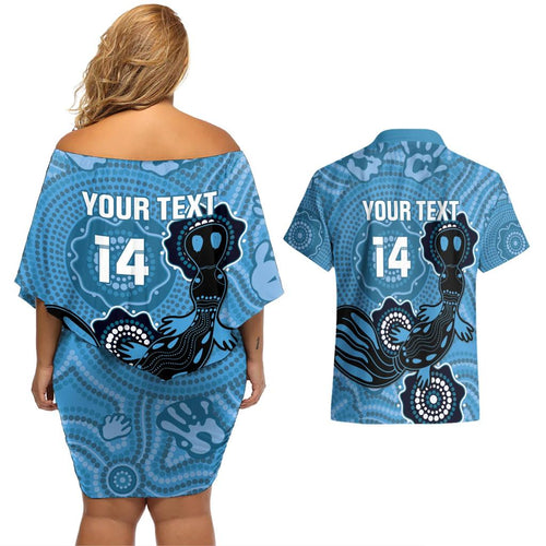 Custom NSW Blues Rugby Couples Matching Off Shoulder Short Dress and Hawaiian Shirt 2024 Platypus Mix Aboriginal Art