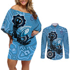 Custom NSW Blues Rugby Couples Matching Off Shoulder Short Dress and Long Sleeve Button Shirt 2024 Platypus Mix Aboriginal Art