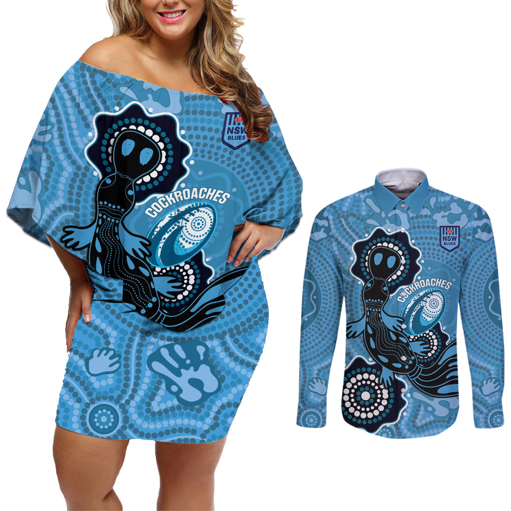 Custom NSW Blues Rugby Couples Matching Off Shoulder Short Dress and Long Sleeve Button Shirt 2024 Platypus Mix Aboriginal Art