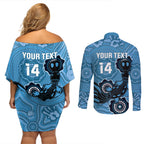 Custom NSW Blues Rugby Couples Matching Off Shoulder Short Dress and Long Sleeve Button Shirt 2024 Platypus Mix Aboriginal Art