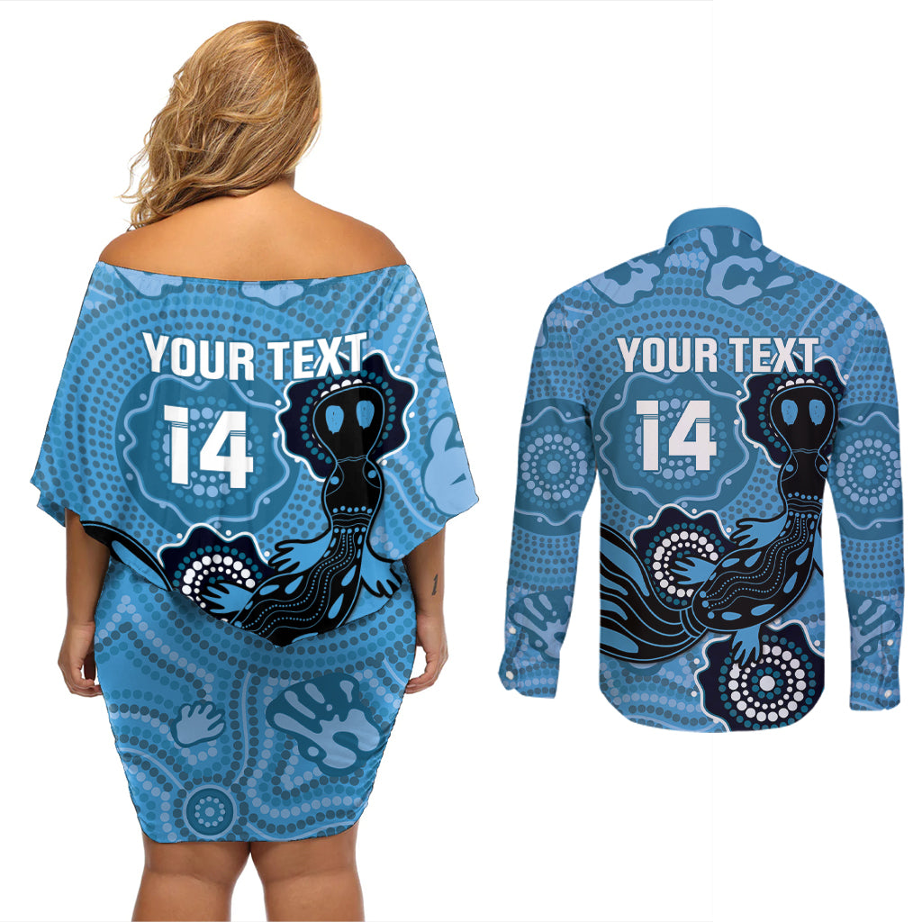 Custom NSW Blues Rugby Couples Matching Off Shoulder Short Dress and Long Sleeve Button Shirt 2024 Platypus Mix Aboriginal Art
