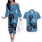 Custom NSW Blues Rugby Couples Matching Off The Shoulder Long Sleeve Dress and Hawaiian Shirt 2024 Platypus Mix Aboriginal Art