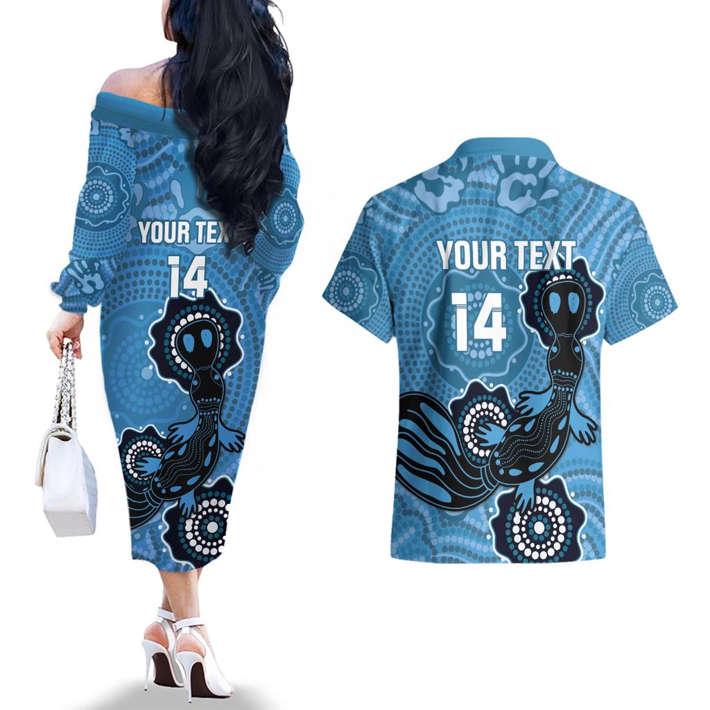 Custom NSW Blues Rugby Couples Matching Off The Shoulder Long Sleeve Dress and Hawaiian Shirt 2024 Platypus Mix Aboriginal Art