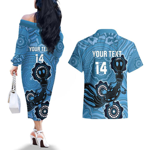 Custom NSW Blues Rugby Couples Matching Off The Shoulder Long Sleeve Dress and Hawaiian Shirt 2024 Platypus Mix Aboriginal Art