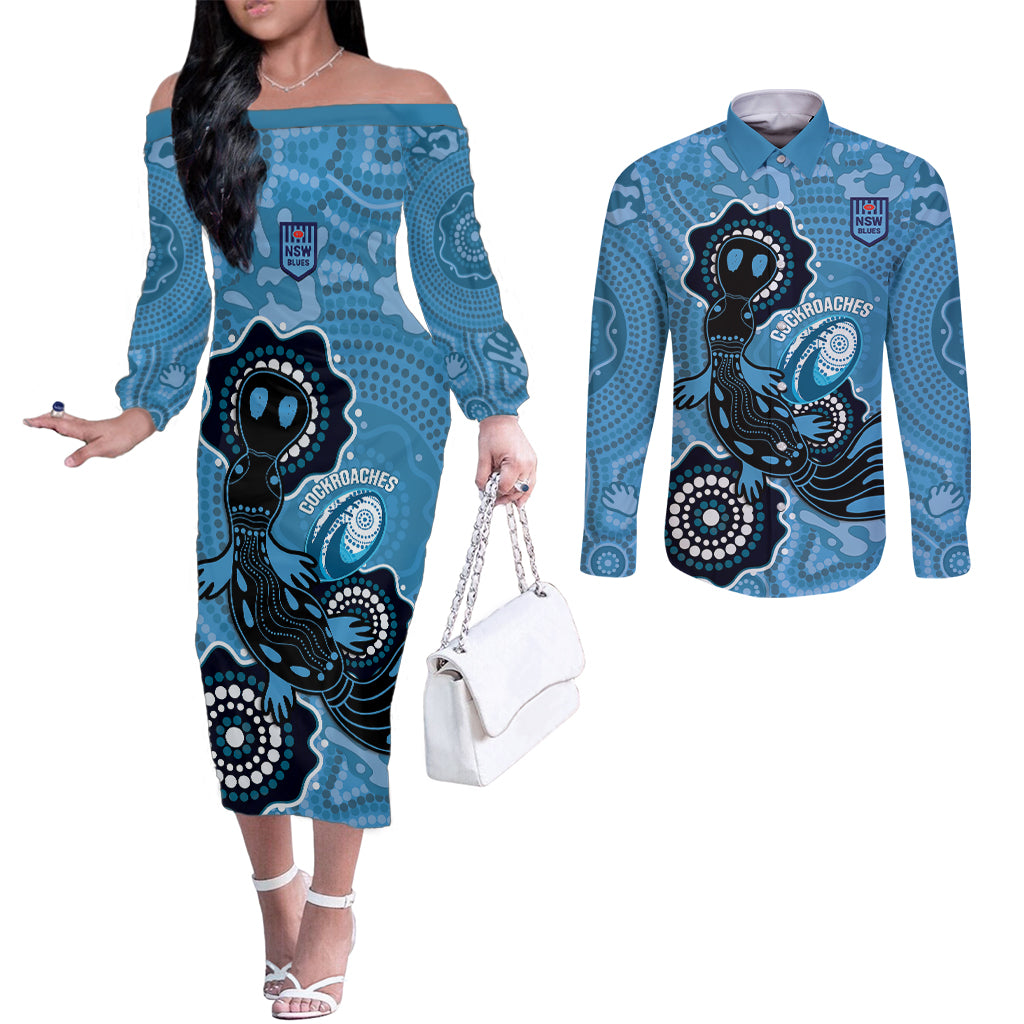Custom NSW Blues Rugby Couples Matching Off The Shoulder Long Sleeve Dress and Long Sleeve Button Shirt 2024 Platypus Mix Aboriginal Art