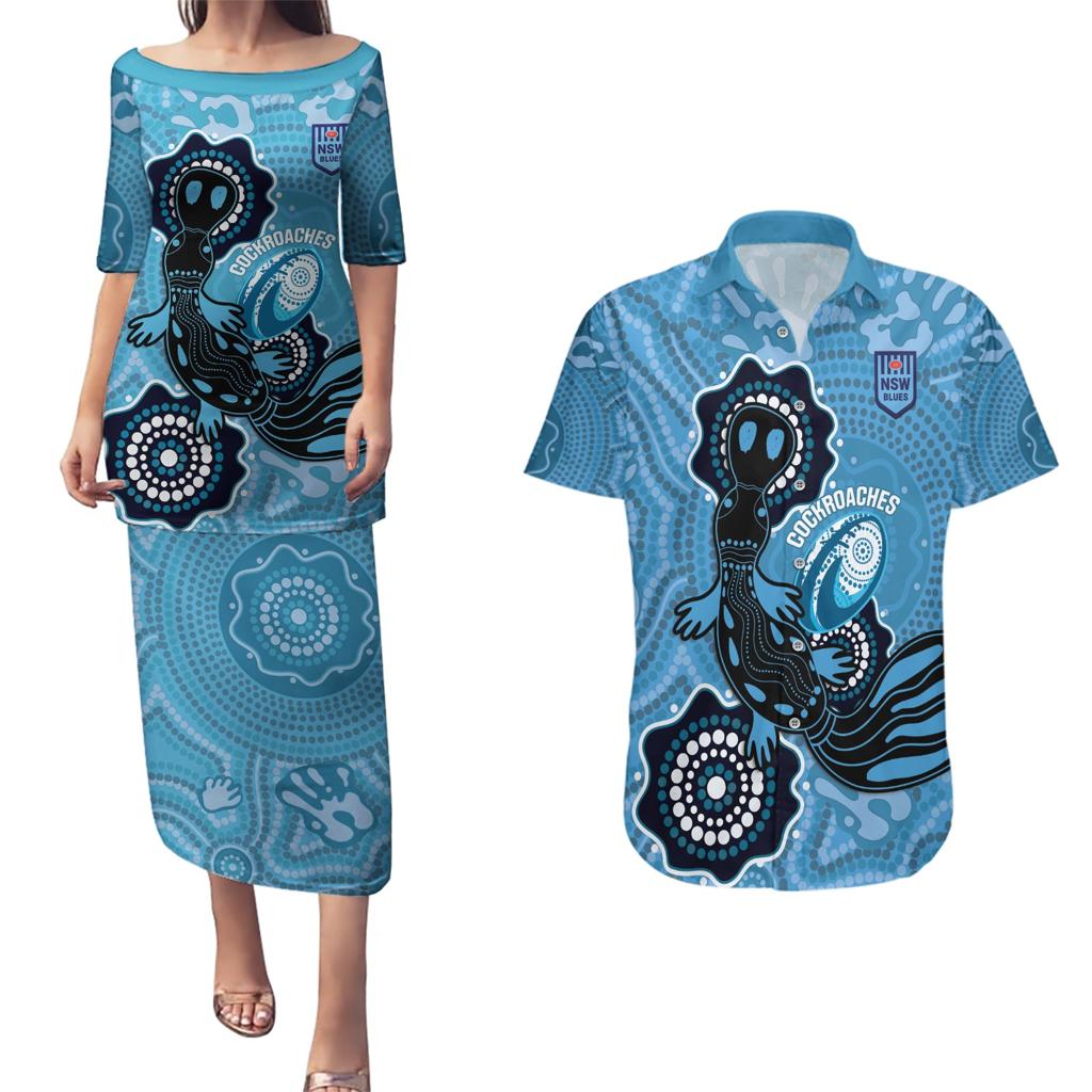 Custom NSW Blues Rugby Couples Matching Puletasi and Hawaiian Shirt 2024 Platypus Mix Aboriginal Art