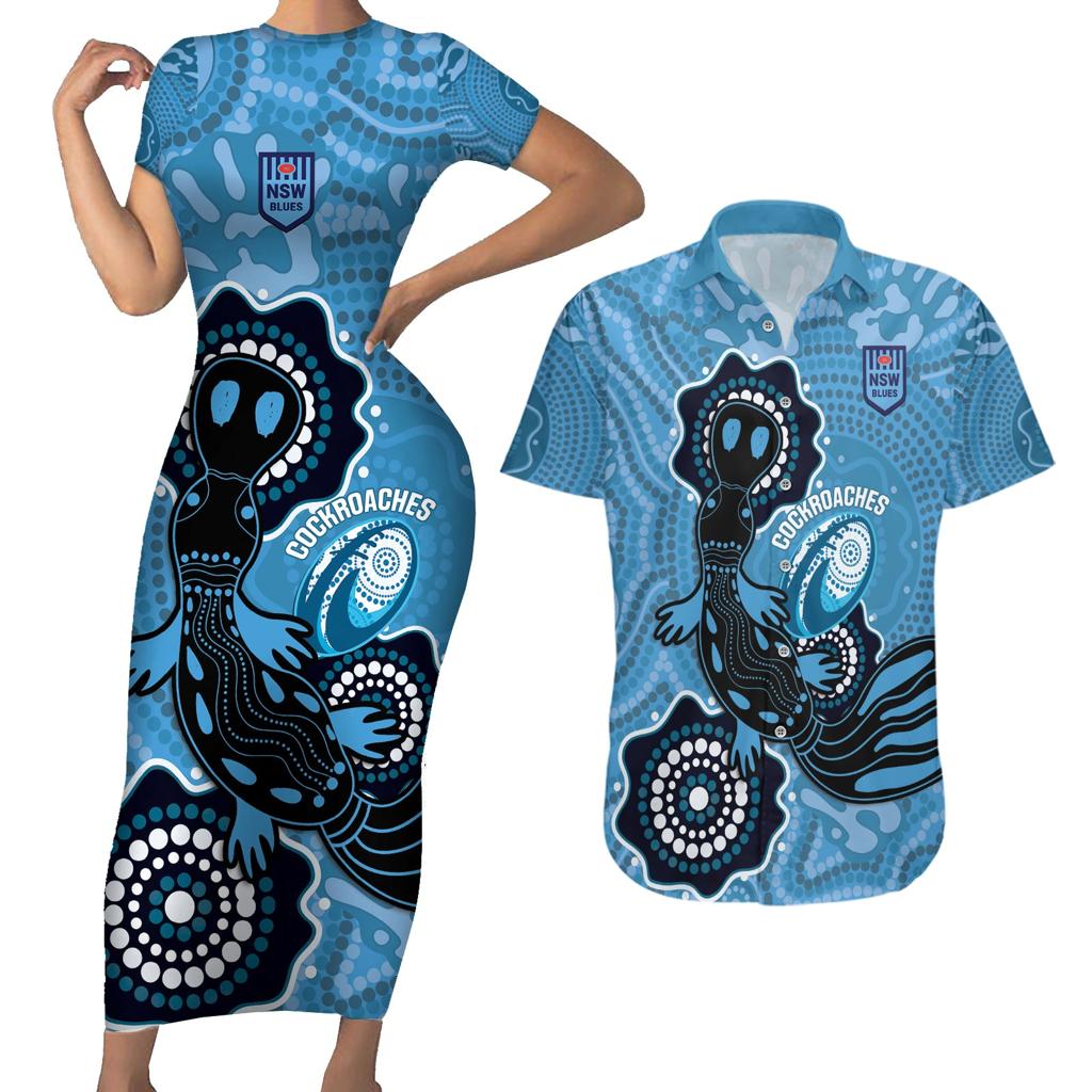 Custom NSW Blues Rugby Couples Matching Short Sleeve Bodycon Dress and Hawaiian Shirt 2024 Platypus Mix Aboriginal Art