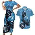 Custom NSW Blues Rugby Couples Matching Short Sleeve Bodycon Dress and Hawaiian Shirt 2024 Platypus Mix Aboriginal Art