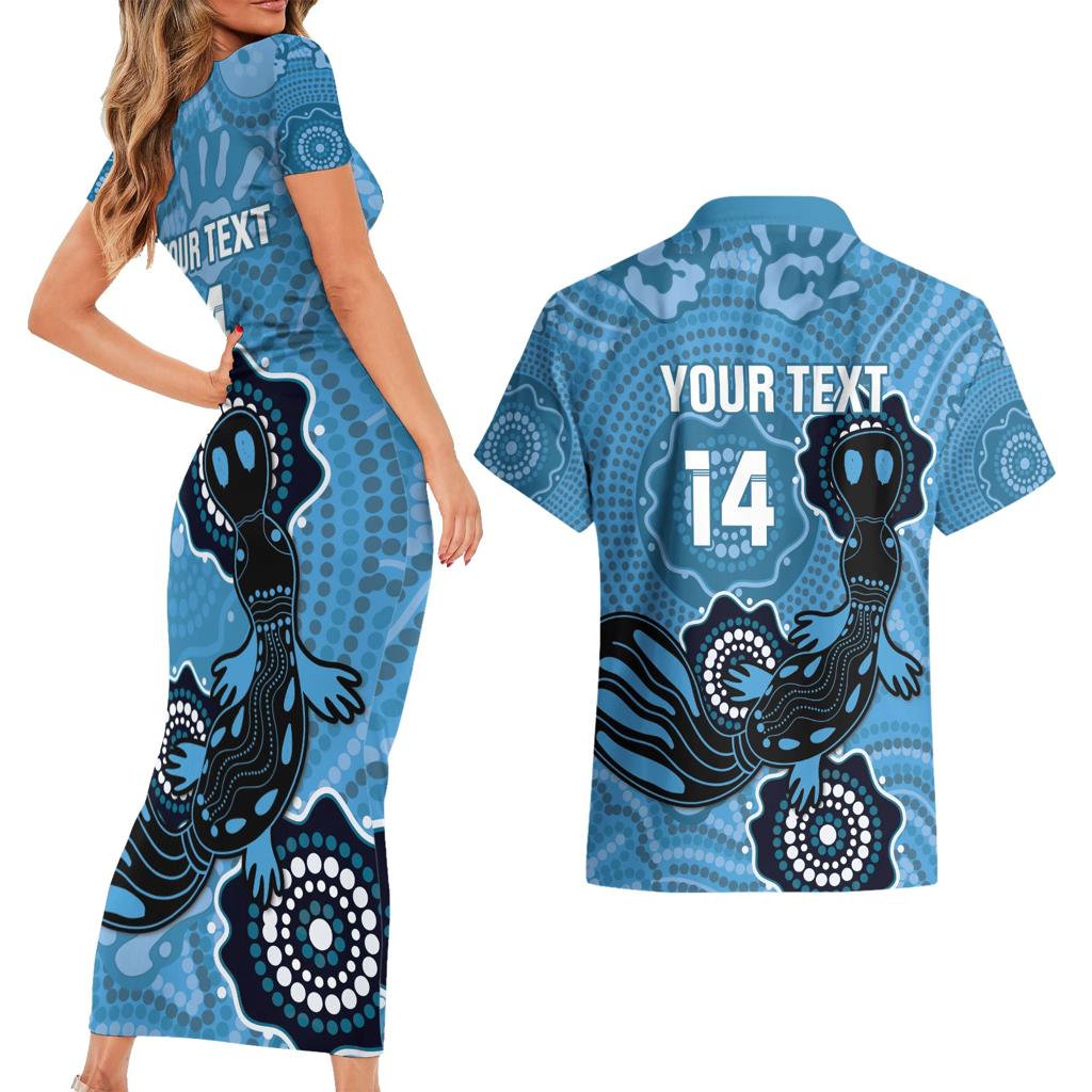 Custom NSW Blues Rugby Couples Matching Short Sleeve Bodycon Dress and Hawaiian Shirt 2024 Platypus Mix Aboriginal Art