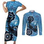 Custom NSW Blues Rugby Couples Matching Short Sleeve Bodycon Dress and Long Sleeve Button Shirt 2024 Platypus Mix Aboriginal Art