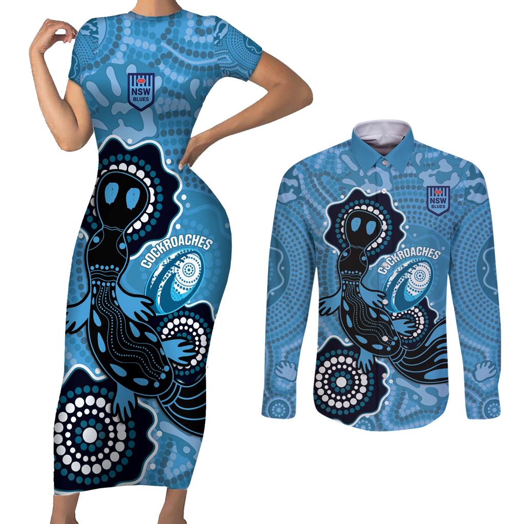 Custom NSW Blues Rugby Couples Matching Short Sleeve Bodycon Dress and Long Sleeve Button Shirt 2024 Platypus Mix Aboriginal Art