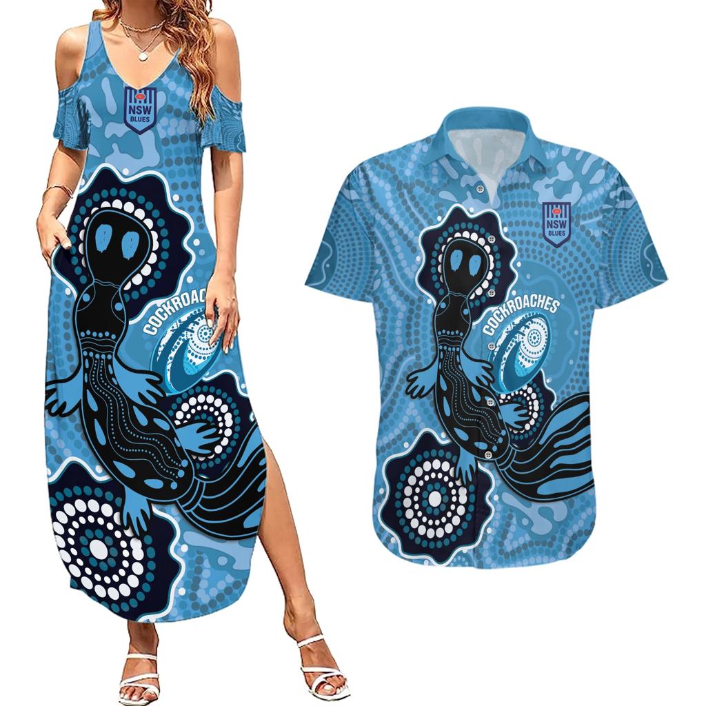 Custom NSW Blues Rugby Couples Matching Summer Maxi Dress and Hawaiian Shirt 2024 Platypus Mix Aboriginal Art