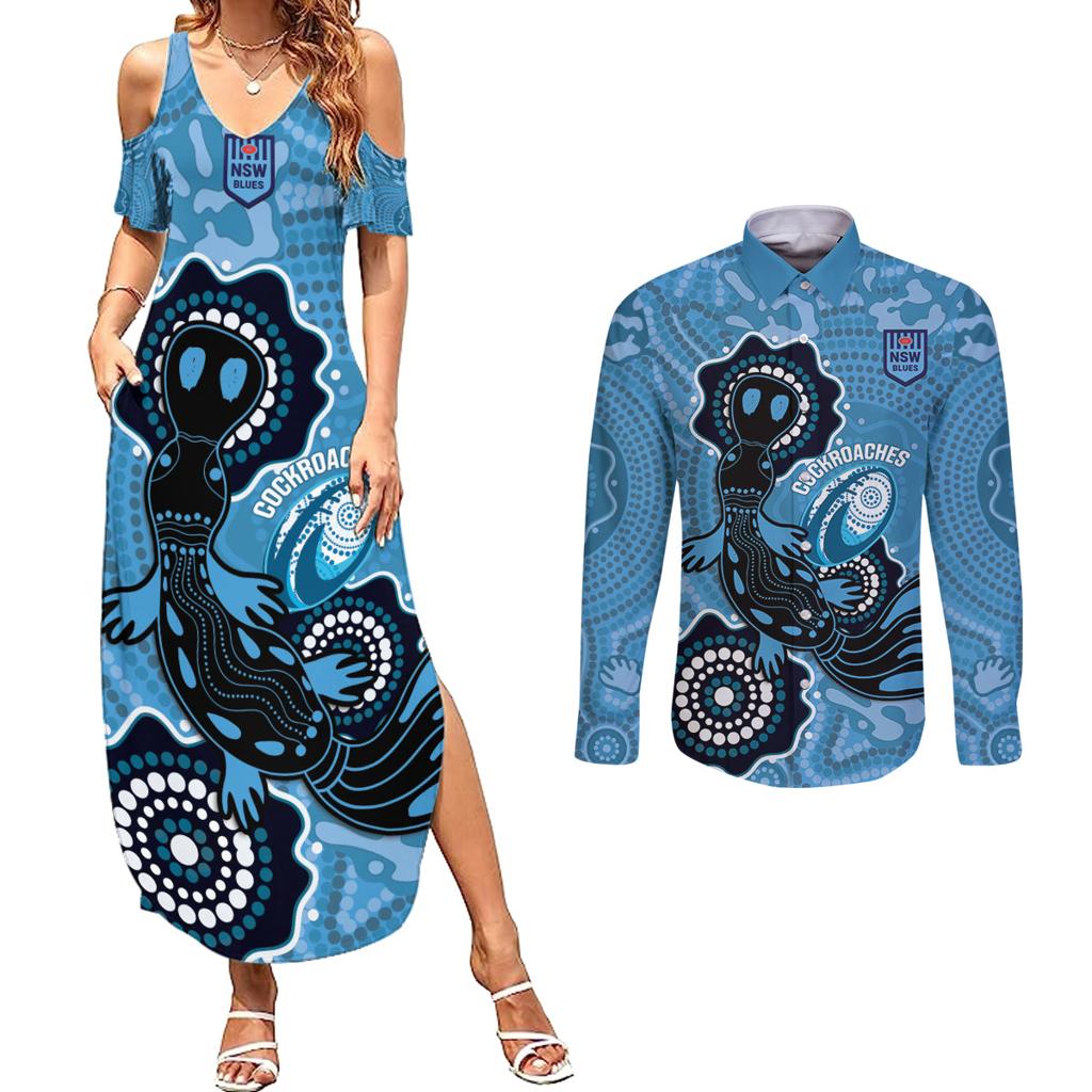 Custom NSW Blues Rugby Couples Matching Summer Maxi Dress and Long Sleeve Button Shirt 2024 Platypus Mix Aboriginal Art