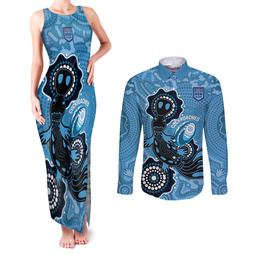 Custom NSW Blues Rugby Couples Matching Tank Maxi Dress and Long Sleeve Button Shirt 2024 Platypus Mix Aboriginal Art