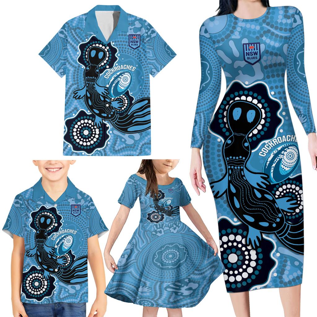 Custom NSW Blues Rugby Family Matching Long Sleeve Bodycon Dress and Hawaiian Shirt 2024 Platypus Mix Aboriginal Art