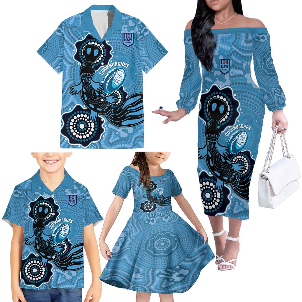 Custom NSW Blues Rugby Family Matching Off The Shoulder Long Sleeve Dress and Hawaiian Shirt 2024 Platypus Mix Aboriginal Art
