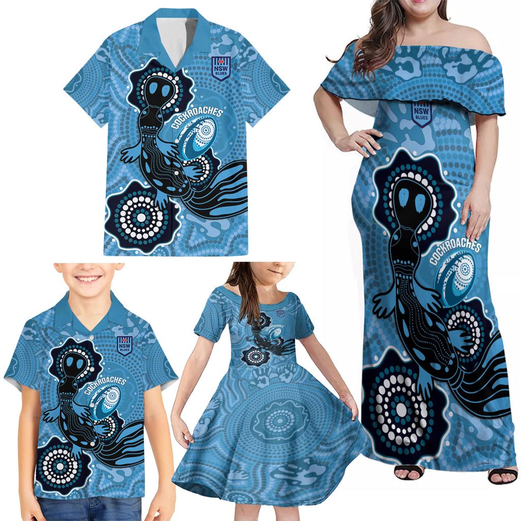 Custom NSW Blues Rugby Family Matching Off Shoulder Maxi Dress and Hawaiian Shirt 2024 Platypus Mix Aboriginal Art