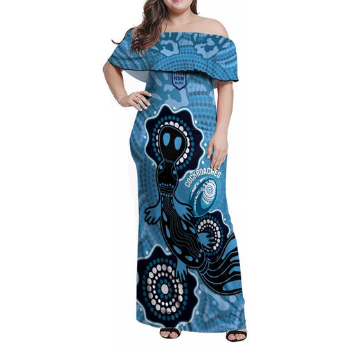 Custom NSW Blues Rugby Family Matching Off Shoulder Maxi Dress and Hawaiian Shirt 2024 Platypus Mix Aboriginal Art