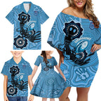 Custom NSW Blues Rugby Family Matching Off Shoulder Short Dress and Hawaiian Shirt 2024 Platypus Mix Aboriginal Art