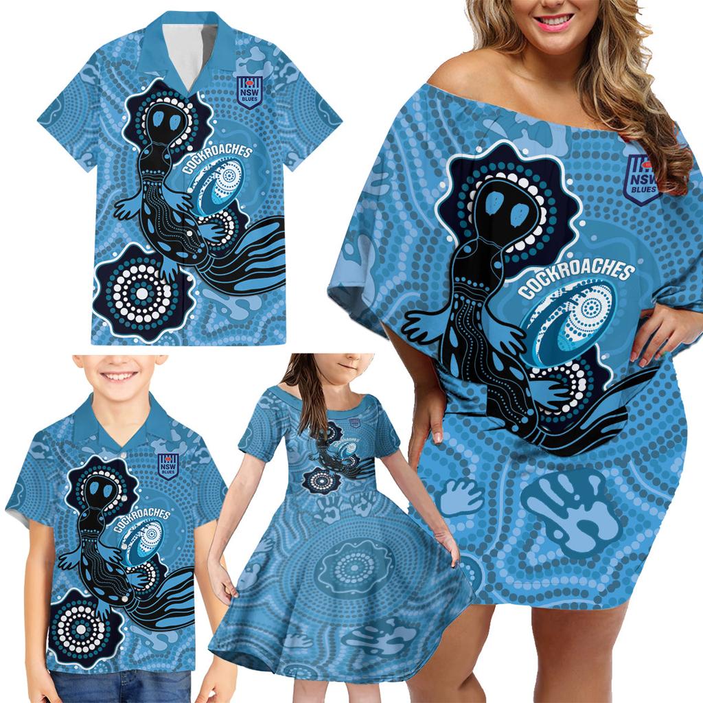 Custom NSW Blues Rugby Family Matching Off Shoulder Short Dress and Hawaiian Shirt 2024 Platypus Mix Aboriginal Art