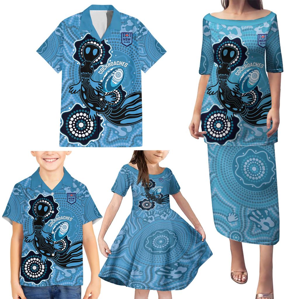 Custom NSW Blues Rugby Family Matching Puletasi and Hawaiian Shirt 2024 Platypus Mix Aboriginal Art
