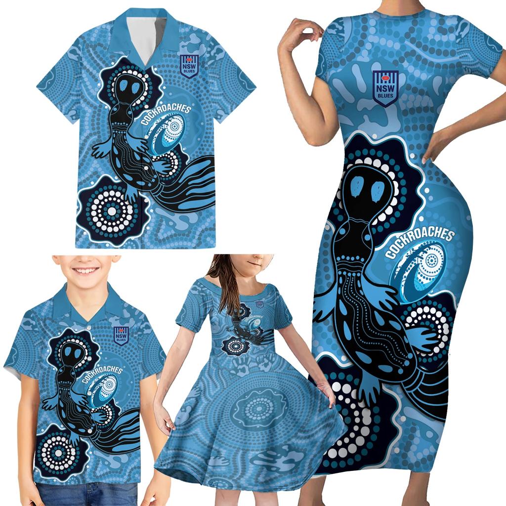 Custom NSW Blues Rugby Family Matching Short Sleeve Bodycon Dress and Hawaiian Shirt 2024 Platypus Mix Aboriginal Art