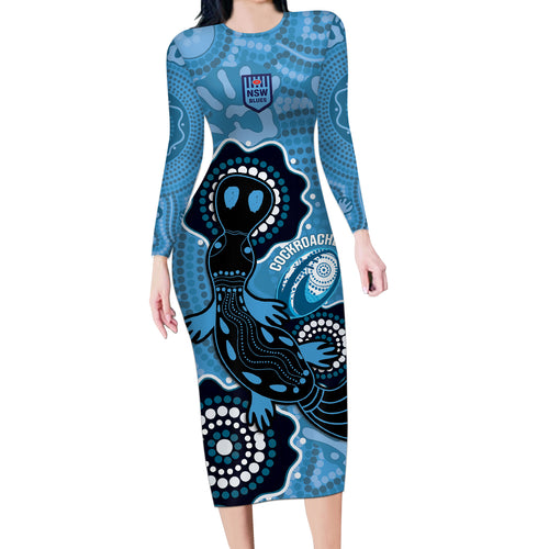 Custom NSW Blues Rugby Long Sleeve Bodycon Dress 2024 Platypus Mix Aboriginal Art