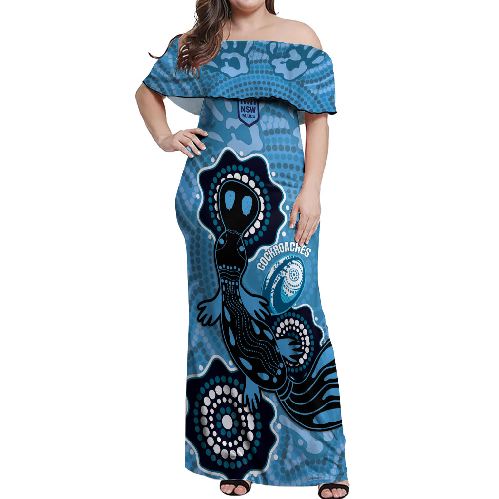 Custom NSW Blues Rugby Off Shoulder Maxi Dress 2024 Platypus Mix Aboriginal Art