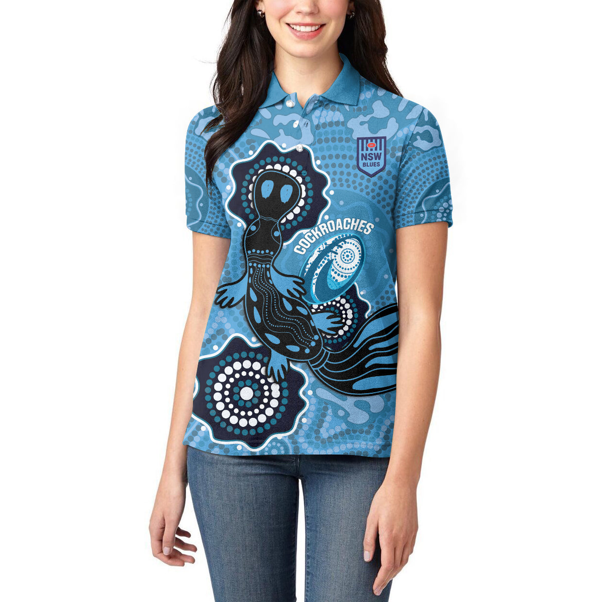 Custom NSW Blues Rugby Women Polo Shirt 2024 Platypus Mix Aboriginal Art