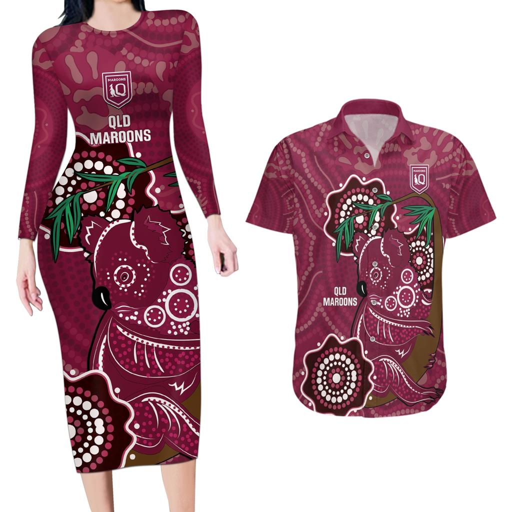 Custom Queensland Maroons Rugby Couples Matching Long Sleeve Bodycon Dress and Hawaiian Shirt 2024 Koala Mix Aboriginal Art