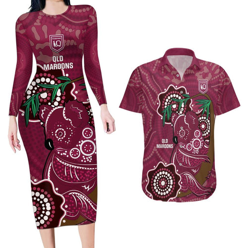 Custom Queensland Maroons Rugby Couples Matching Long Sleeve Bodycon Dress and Hawaiian Shirt 2024 Koala Mix Aboriginal Art
