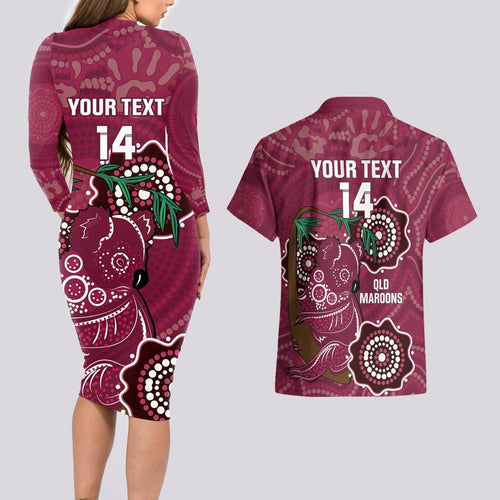Custom Queensland Maroons Rugby Couples Matching Long Sleeve Bodycon Dress and Hawaiian Shirt 2024 Koala Mix Aboriginal Art