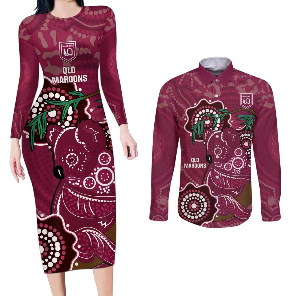 Custom Queensland Maroons Rugby Couples Matching Long Sleeve Bodycon Dress and Long Sleeve Button Shirt 2024 Koala Mix Aboriginal Art