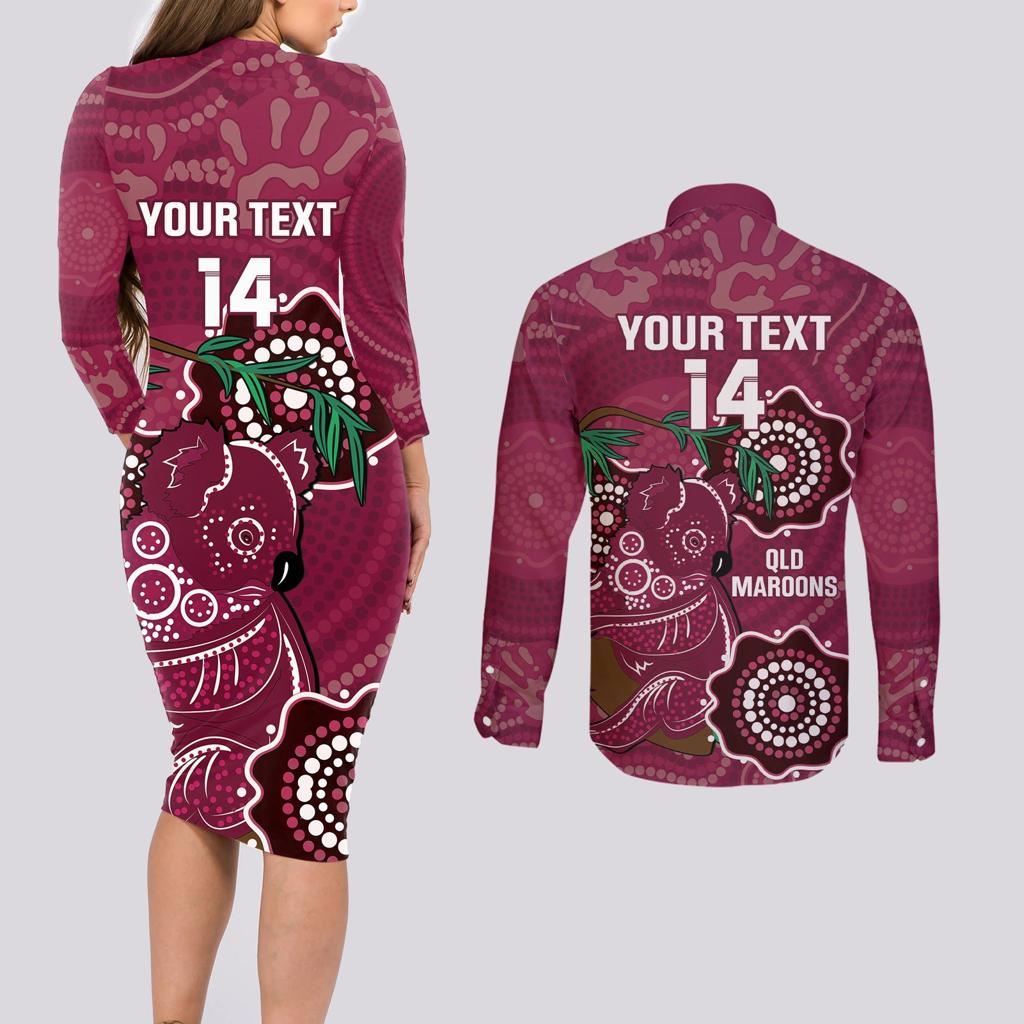 Custom Queensland Maroons Rugby Couples Matching Long Sleeve Bodycon Dress and Long Sleeve Button Shirt 2024 Koala Mix Aboriginal Art