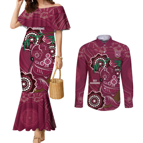 Custom Queensland Maroons Rugby Couples Matching Mermaid Dress and Long Sleeve Button Shirt 2024 Koala Mix Aboriginal Art